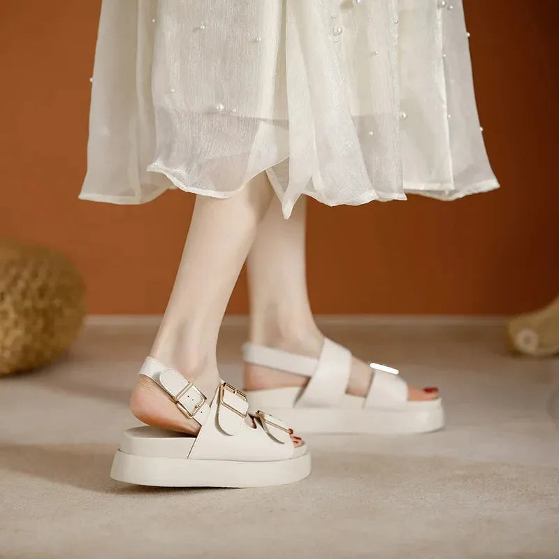 Italian Leather Platform Sandals for Women - Stylish Summer Footwear with Comfortable Elevation