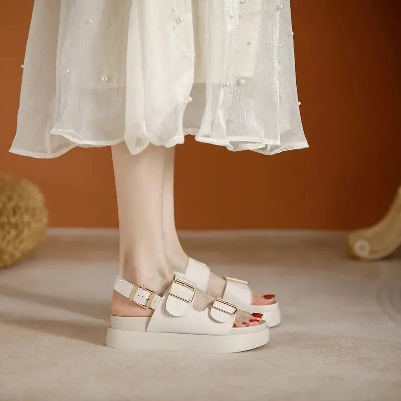 Italian Leather Platform Sandals for Women - Stylish Summer Footwear with Comfortable Elevation