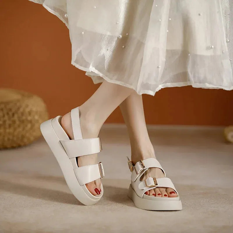 Italian Leather Platform Sandals for Women - Stylish Summer Footwear with Comfortable Elevation