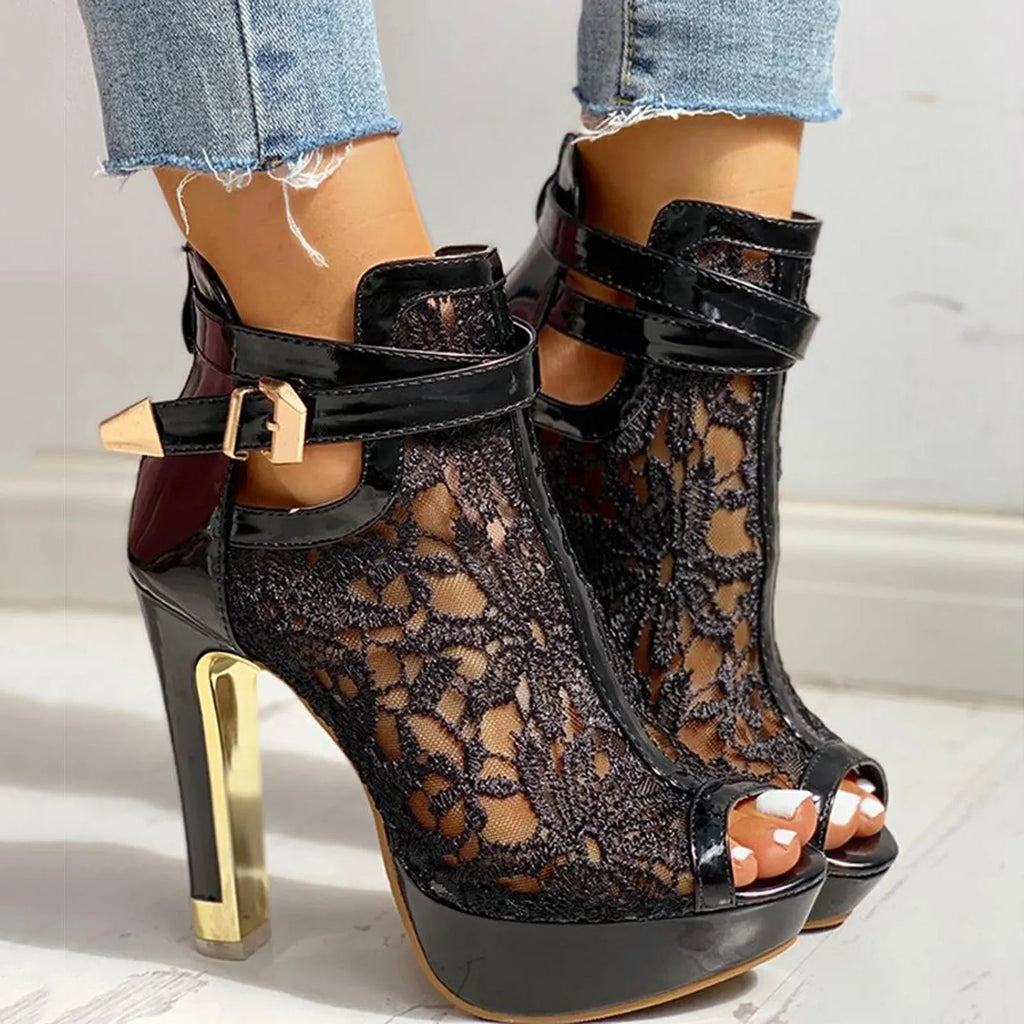 Lace Mesh High Heels for Women - Elegant Evening Footwear with Open Toe Design
