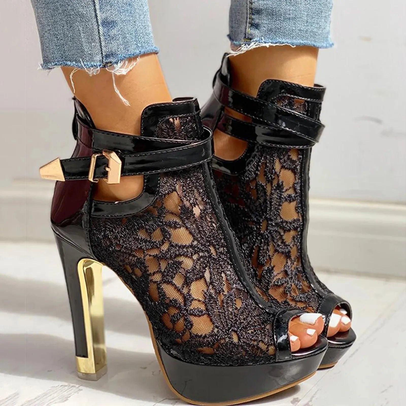 Lace Mesh High Heels for Women - Elegant Evening Footwear with Open Toe Design