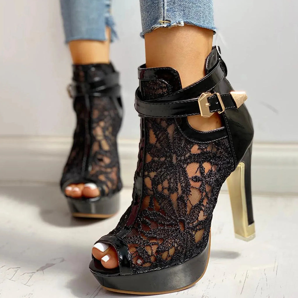 Lace Mesh High Heels for Women - Elegant Evening Footwear with Open Toe Design