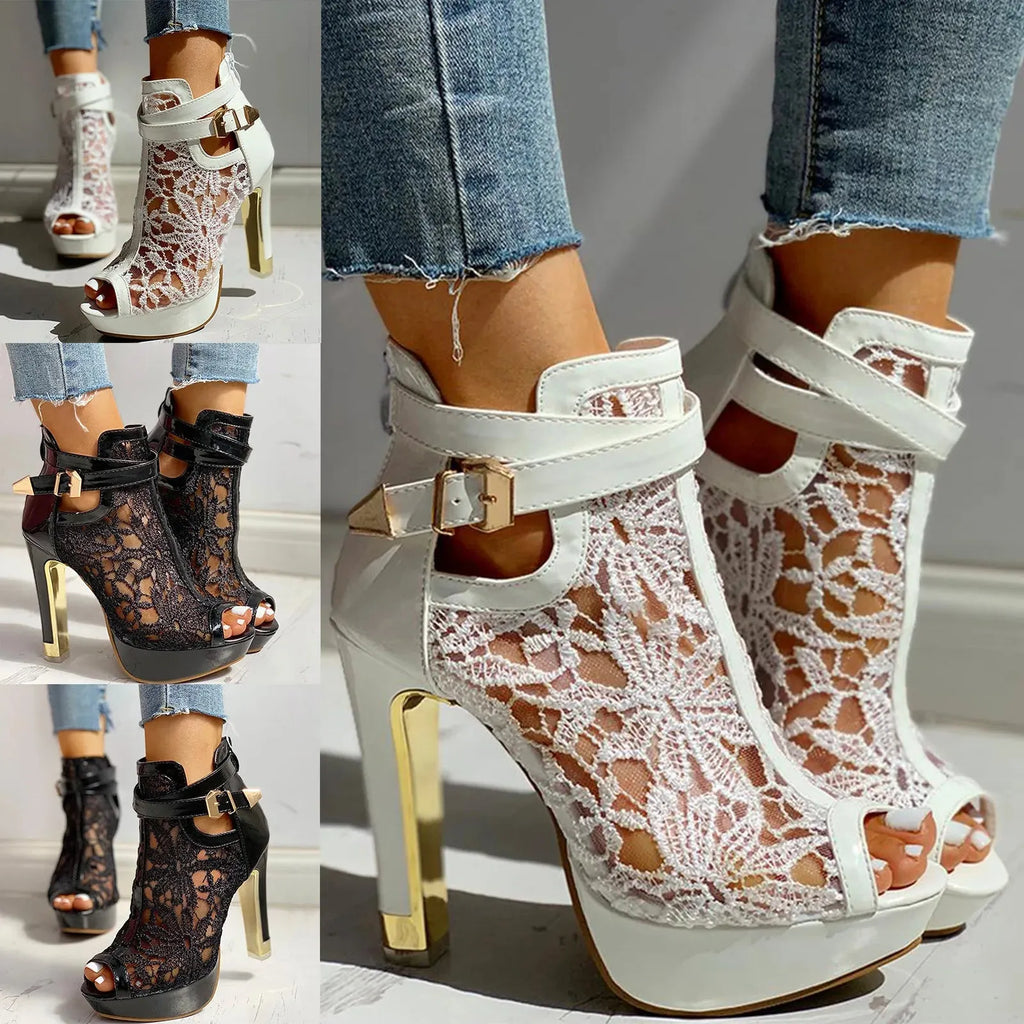 Lace Mesh High Heels for Women - Elegant Evening Footwear with Open Toe Design
