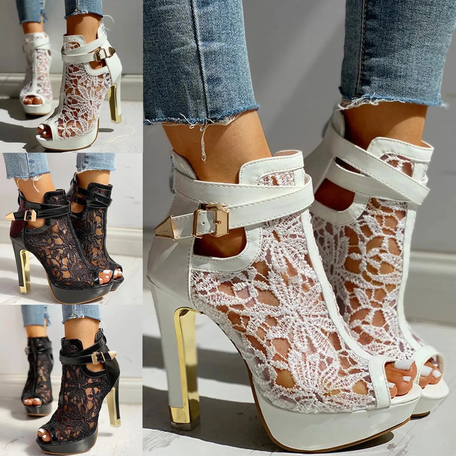 Lace Mesh High Heels for Women - Elegant Evening Footwear with Open Toe Design