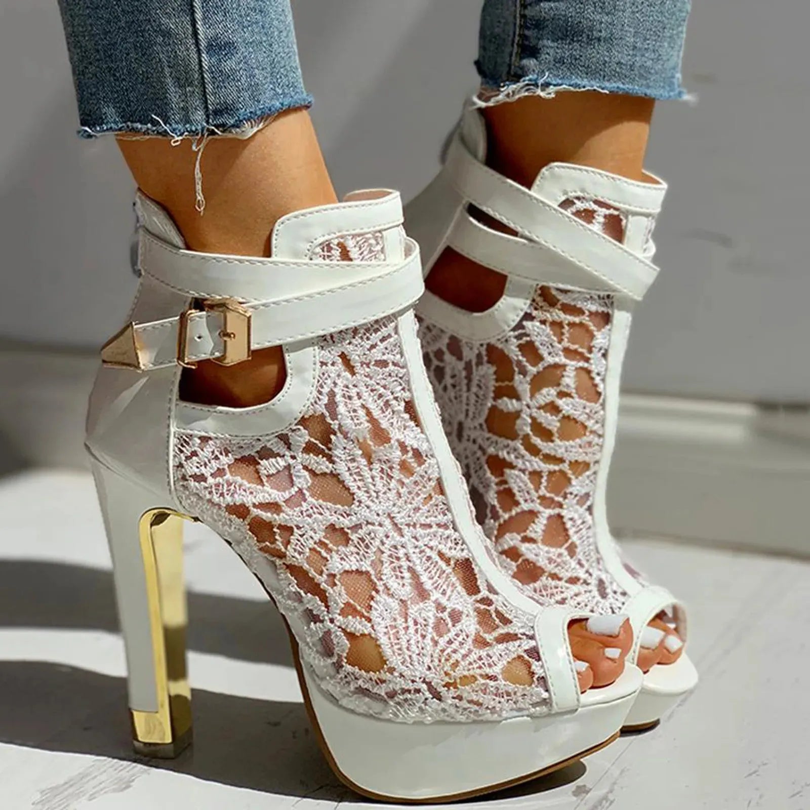 Lace Mesh High Heels for Women - Elegant Evening Footwear with Open Toe Design