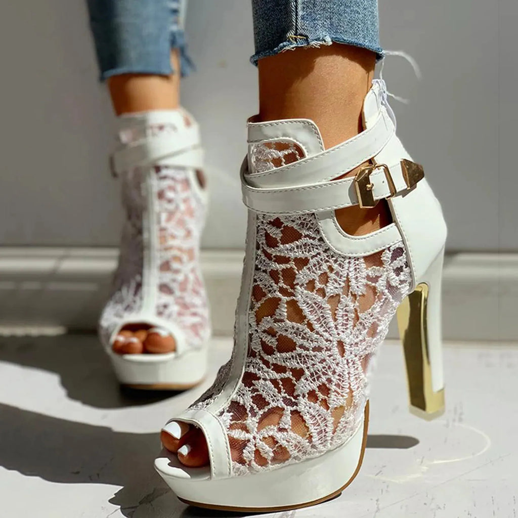 Lace Mesh High Heels for Women - Elegant Evening Footwear with Open Toe Design