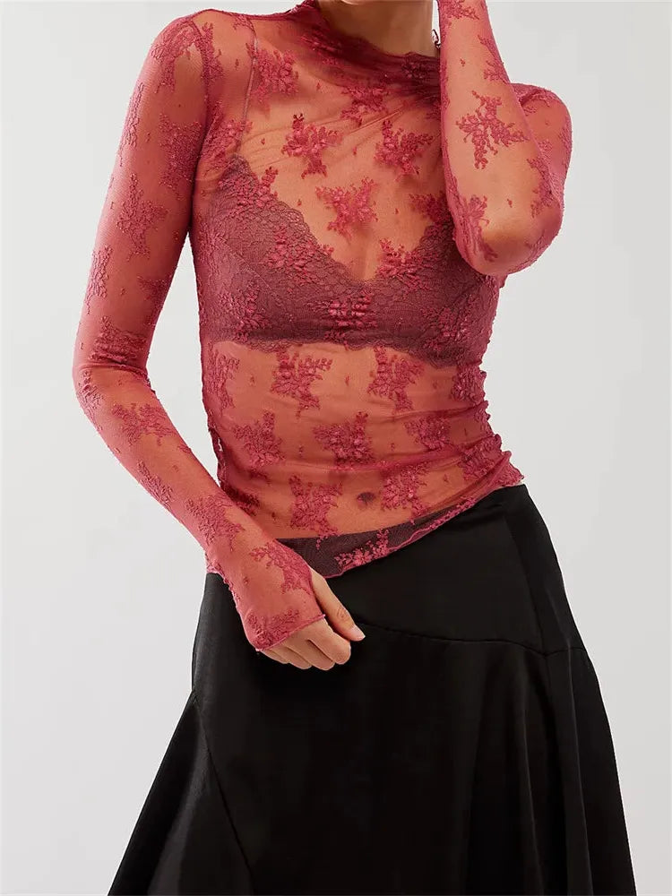 Lace Transparent Top for Women - Elegant Sheer Design for Casual or Evening Wear