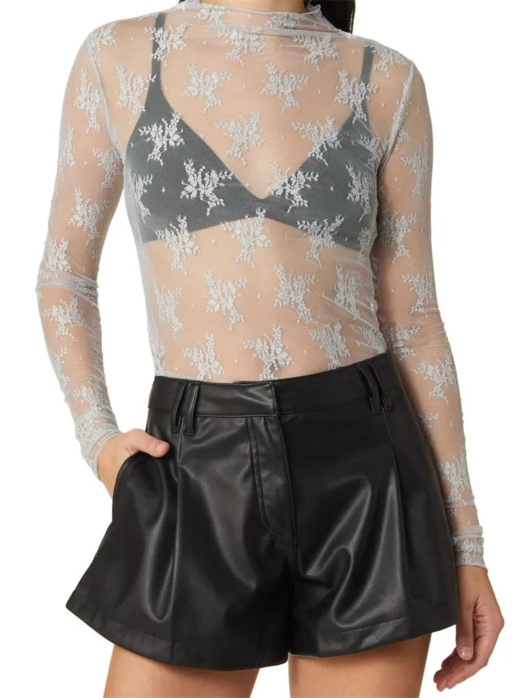 Lace Transparent Top for Women - Elegant Sheer Design for Casual or Evening Wear