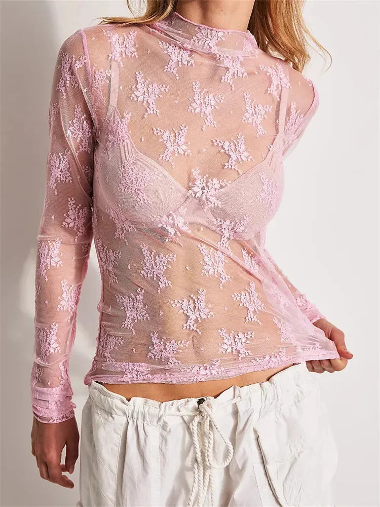 Lace Transparent Top for Women - Elegant Sheer Design for Casual or Evening Wear