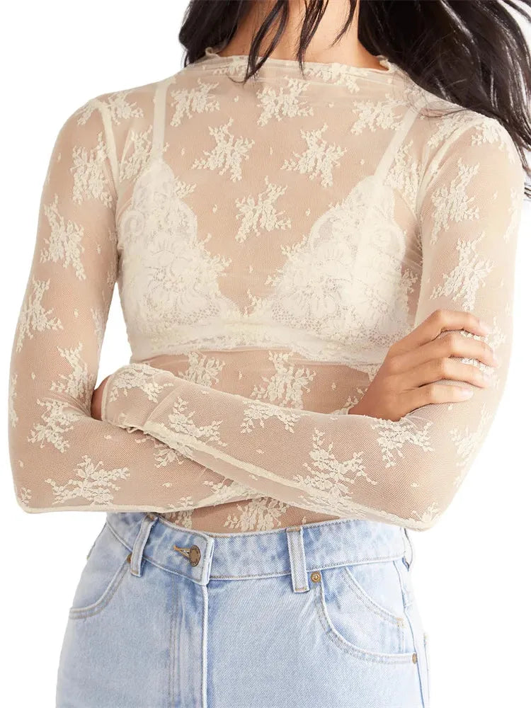 Lace Transparent Top for Women - Elegant Sheer Design for Casual or Evening Wear