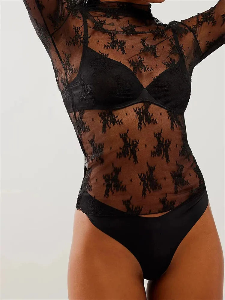 Lace Transparent Top for Women - Elegant Sheer Design for Casual or Evening Wear