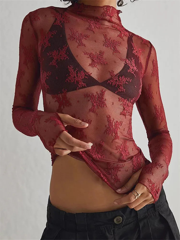 Lace Transparent Top for Women - Elegant Sheer Design for Casual or Evening Wear