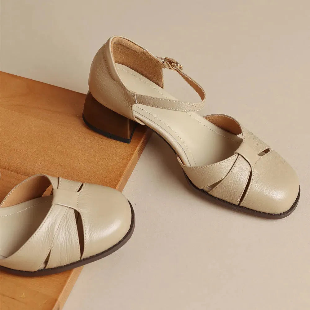 Leather Braided Ankle Strap Mid Heel Pumps for Women - Stylish Footwear for Casual and Formal Occasions