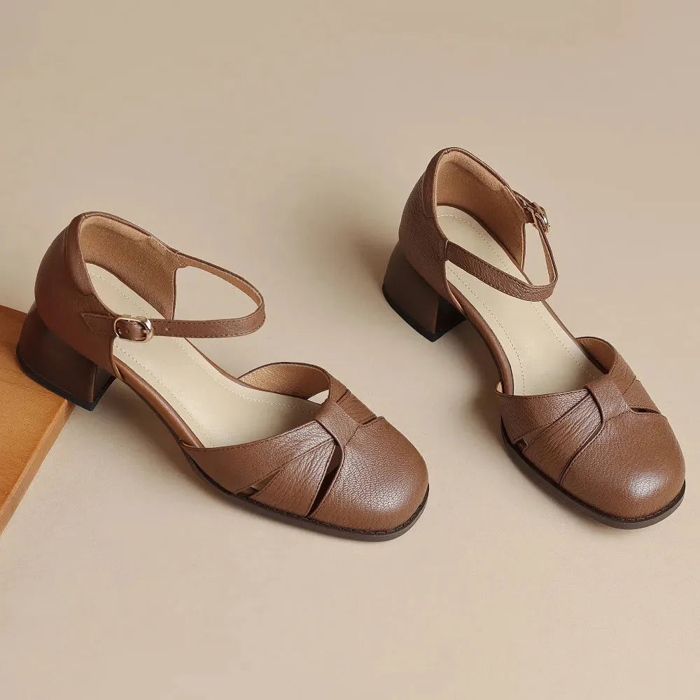 Leather Braided Ankle Strap Mid Heel Pumps for Women - Stylish Footwear for Casual and Formal Occasions
