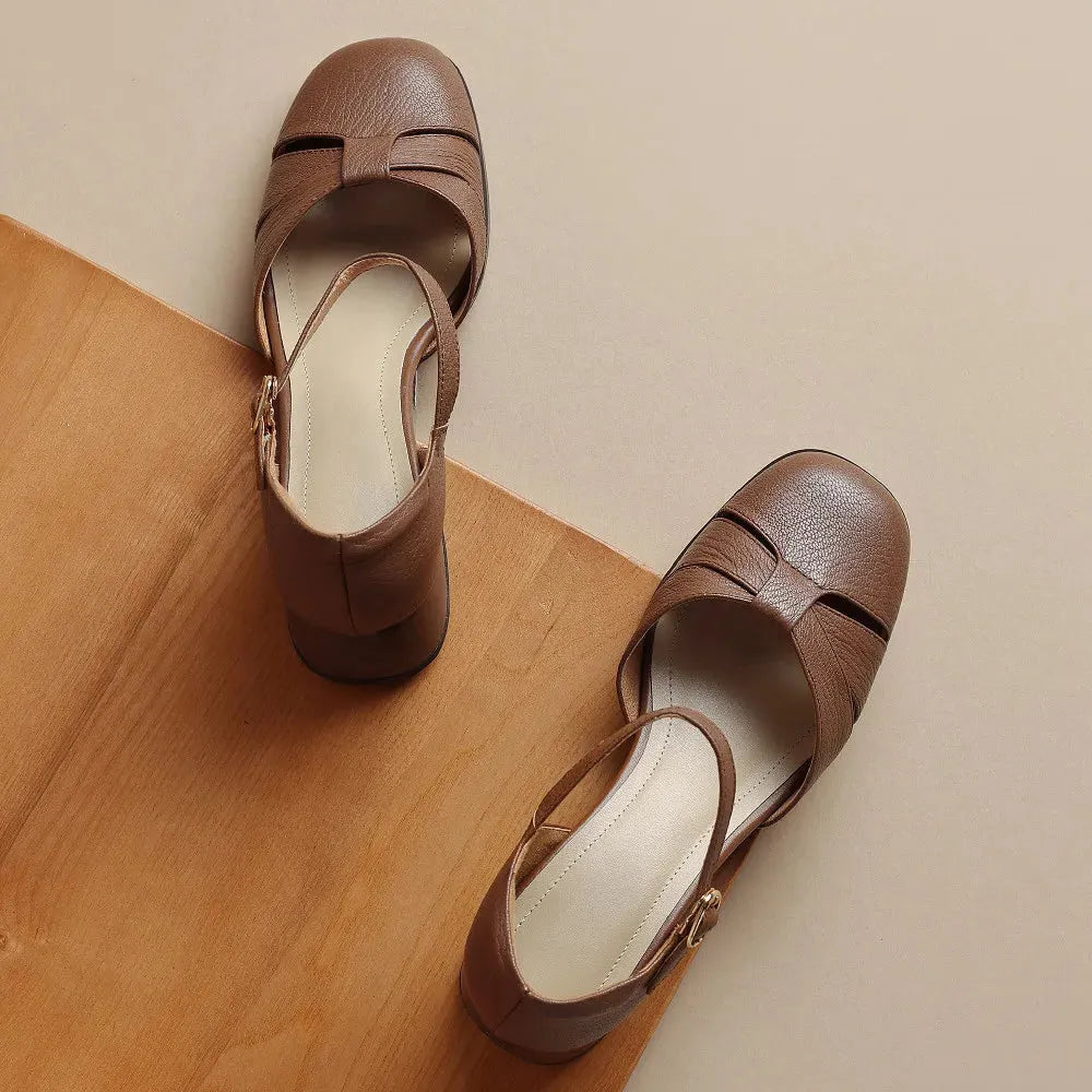 Leather Braided Ankle Strap Mid Heel Pumps for Women - Stylish Footwear for Casual and Formal Occasions