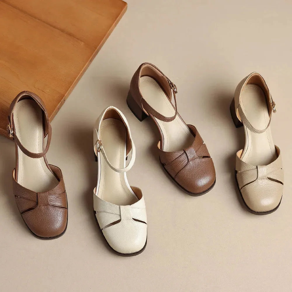 Leather Braided Ankle Strap Mid Heel Pumps for Women - Stylish Footwear for Casual and Formal Occasions