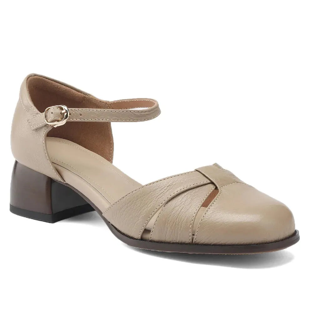 Leather Braided Ankle Strap Mid Heel Pumps for Women - Stylish Footwear for Casual and Formal Occasions