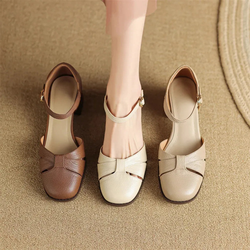 Leather Braided Ankle Strap Mid Heel Pumps for Women - Stylish Footwear for Casual and Formal Occasions