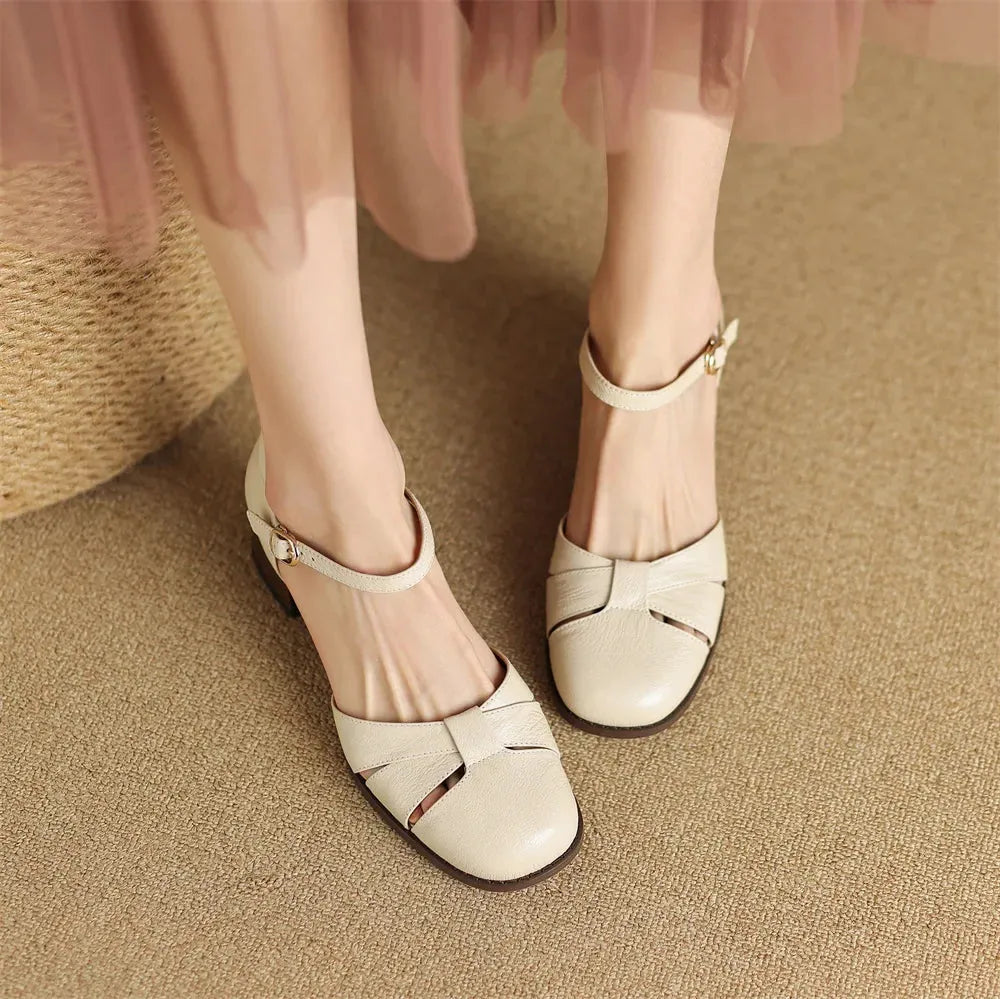 Leather Braided Ankle Strap Mid Heel Pumps for Women - Stylish Footwear for Casual and Formal Occasions