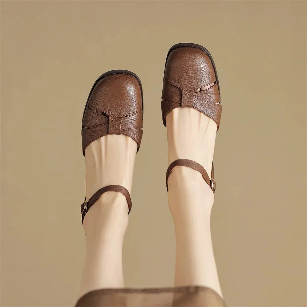 Leather Braided Ankle Strap Mid Heel Pumps for Women - Stylish Footwear for Casual and Formal Occasions