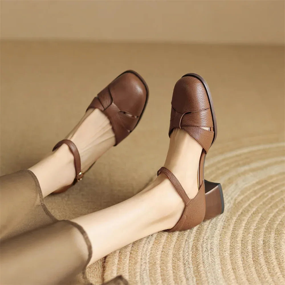 Leather Braided Ankle Strap Mid Heel Pumps for Women - Stylish Footwear for Casual and Formal Occasions