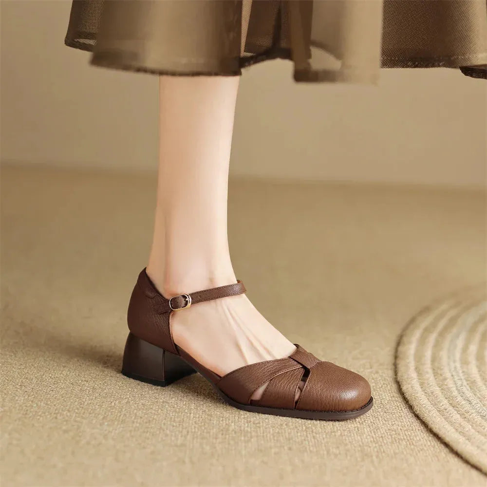 Leather Braided Ankle Strap Mid Heel Pumps for Women - Stylish Footwear for Casual and Formal Occasions