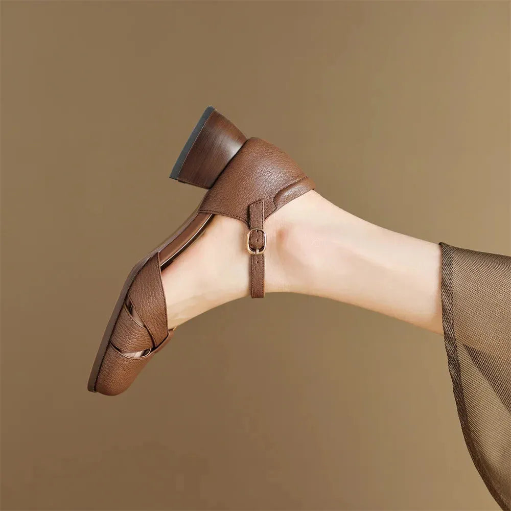Leather Braided Ankle Strap Mid Heel Pumps for Women - Stylish Footwear for Casual and Formal Occasions