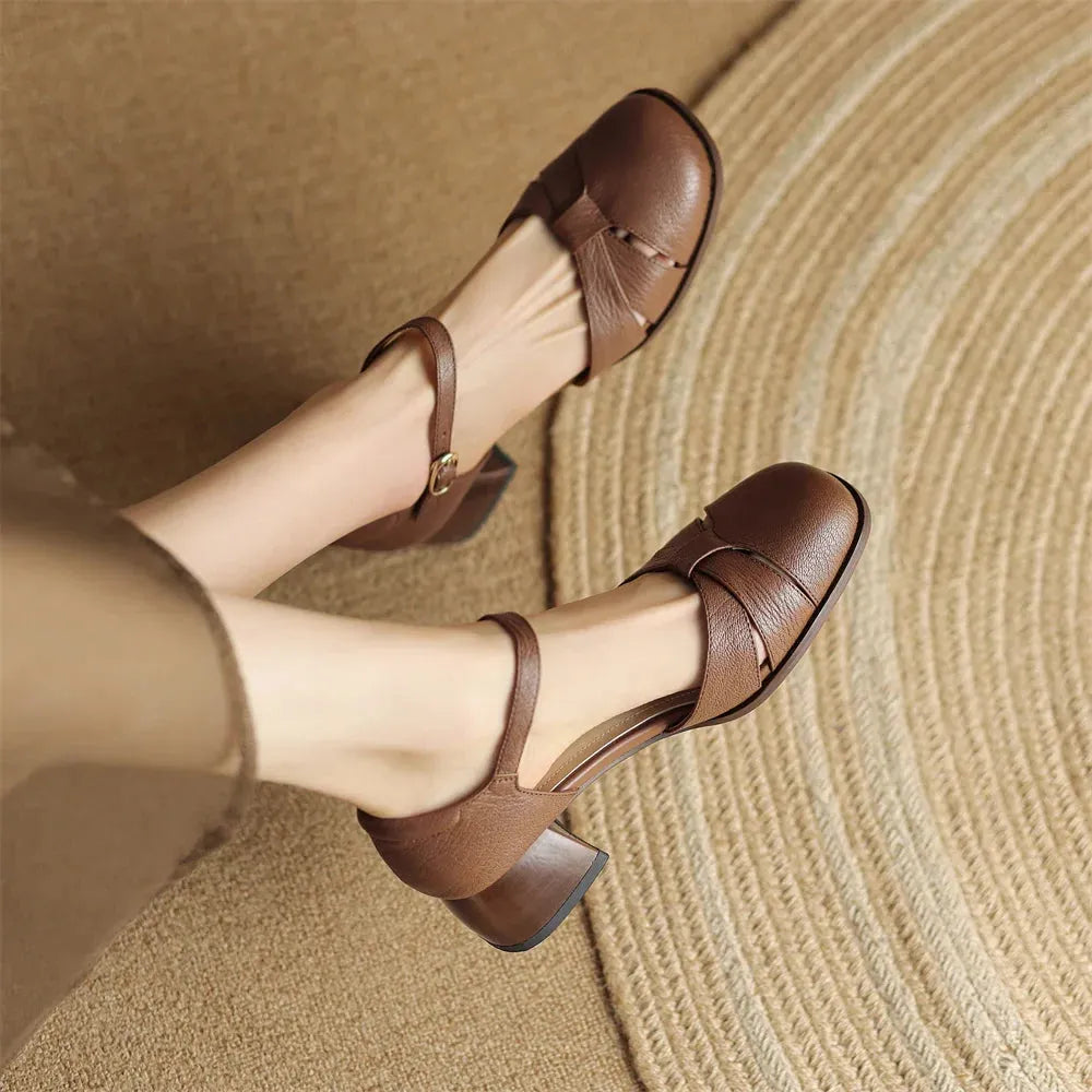 Leather Braided Ankle Strap Mid Heel Pumps for Women - Stylish Footwear for Casual and Formal Occasions