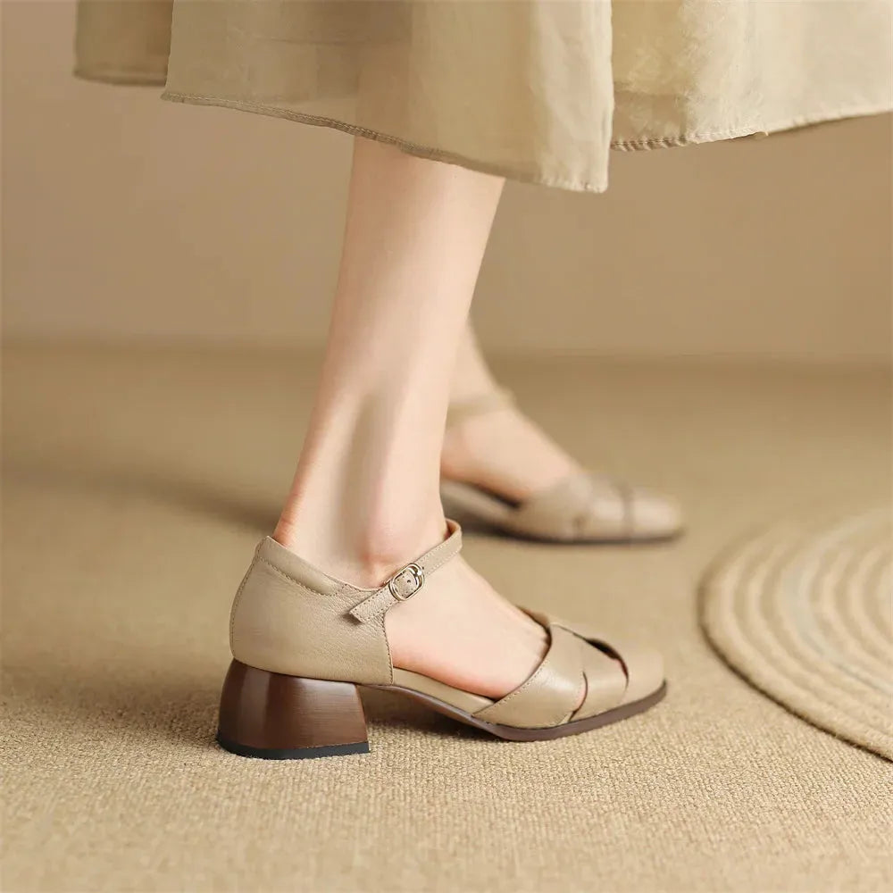 Leather Braided Ankle Strap Mid Heel Pumps for Women - Stylish Footwear for Casual and Formal Occasions