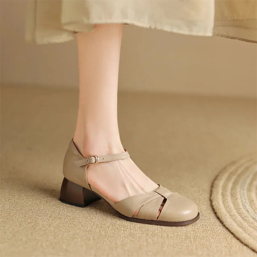 Leather Braided Ankle Strap Mid Heel Pumps for Women - Stylish Footwear for Casual and Formal Occasions