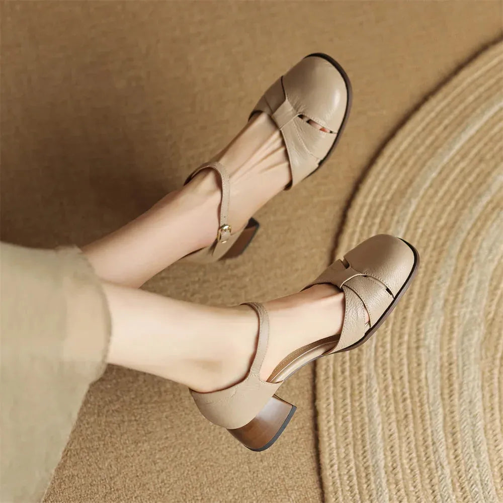 Leather Braided Ankle Strap Mid Heel Pumps for Women - Stylish Footwear for Casual and Formal Occasions