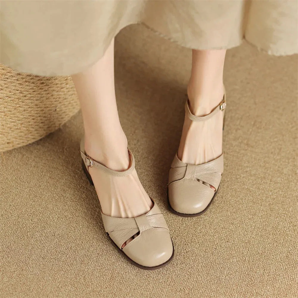 Leather Braided Ankle Strap Mid Heel Pumps for Women - Stylish Footwear for Casual and Formal Occasions