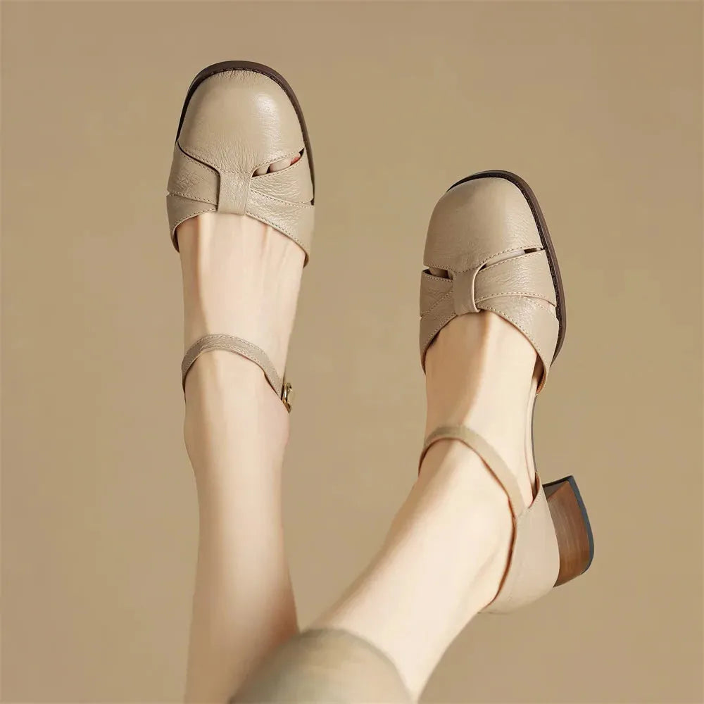 Leather Braided Ankle Strap Mid Heel Pumps for Women - Stylish Footwear for Casual and Formal Occasions