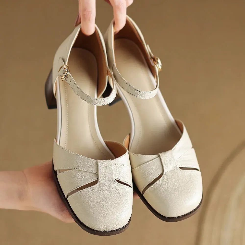 Leather Braided Ankle Strap Mid Heel Pumps for Women - Stylish Footwear for Casual and Formal Occasions