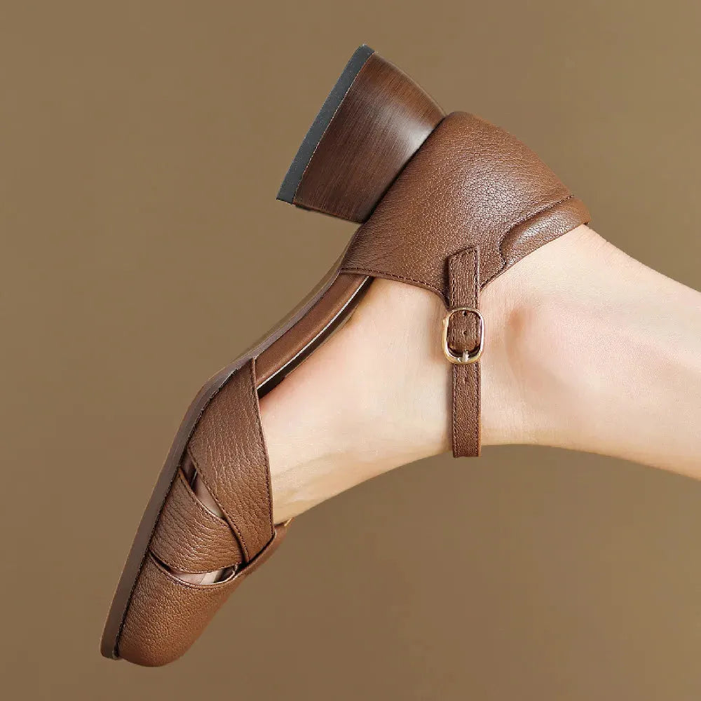 Leather Braided Ankle Strap Mid Heel Pumps for Women - Stylish Footwear for Casual and Formal Occasions