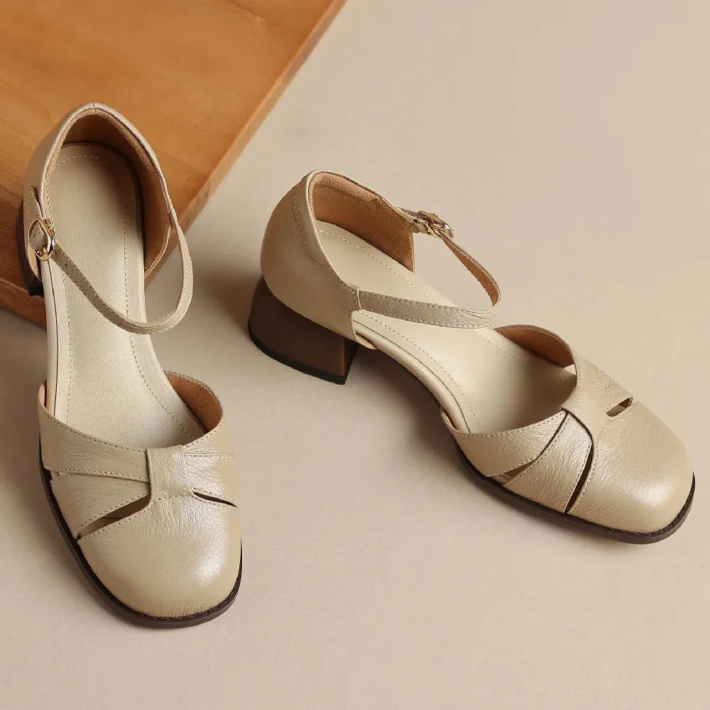 Leather Braided Ankle Strap Mid Heel Pumps for Women - Stylish Footwear for Casual and Formal Occasions