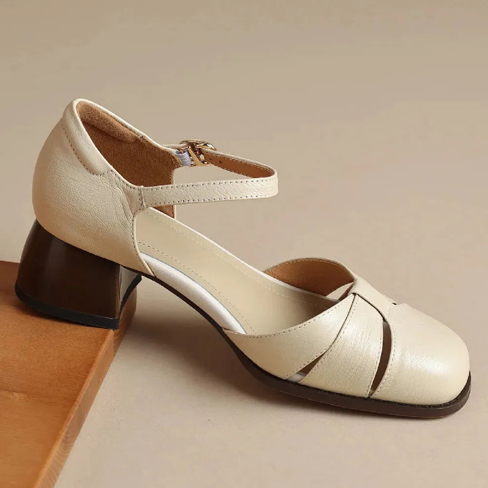 Leather Braided Ankle Strap Mid Heel Pumps for Women - Stylish Footwear for Casual and Formal Occasions