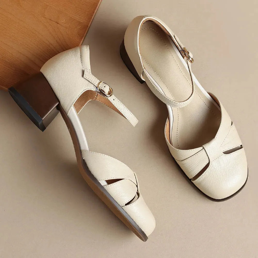 Leather Braided Ankle Strap Mid Heel Pumps for Women - Stylish Footwear for Casual and Formal Occasions