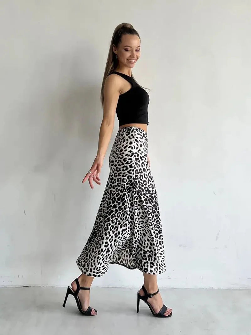 Leopard Print Satin Midi Skirt for Women - Elegant Casual Wear with Flowy Design and Comfortable Fit