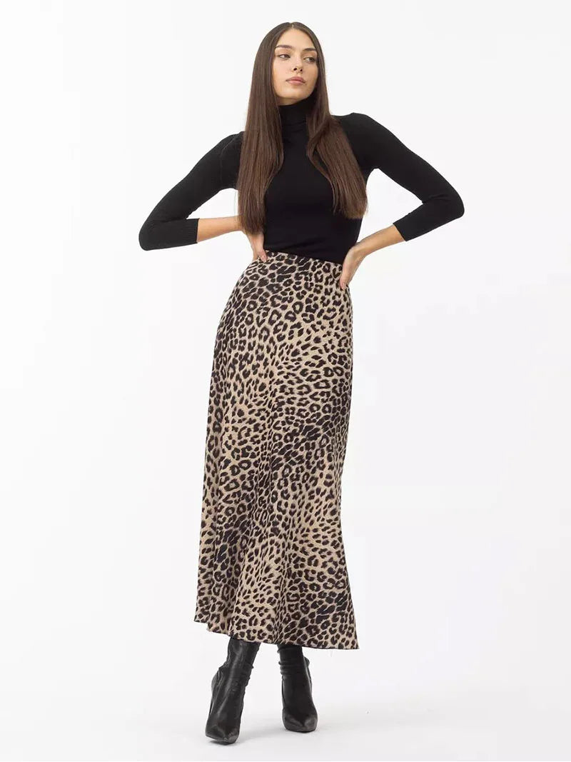 Leopard Print Satin Midi Skirt for Women - Elegant Casual Wear with Flowy Design and Comfortable Fit
