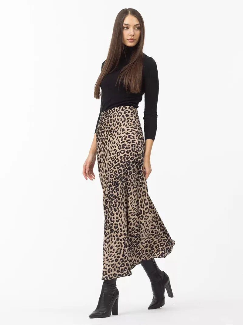 Leopard Print Satin Midi Skirt for Women - Elegant Casual Wear with Flowy Design and Comfortable Fit