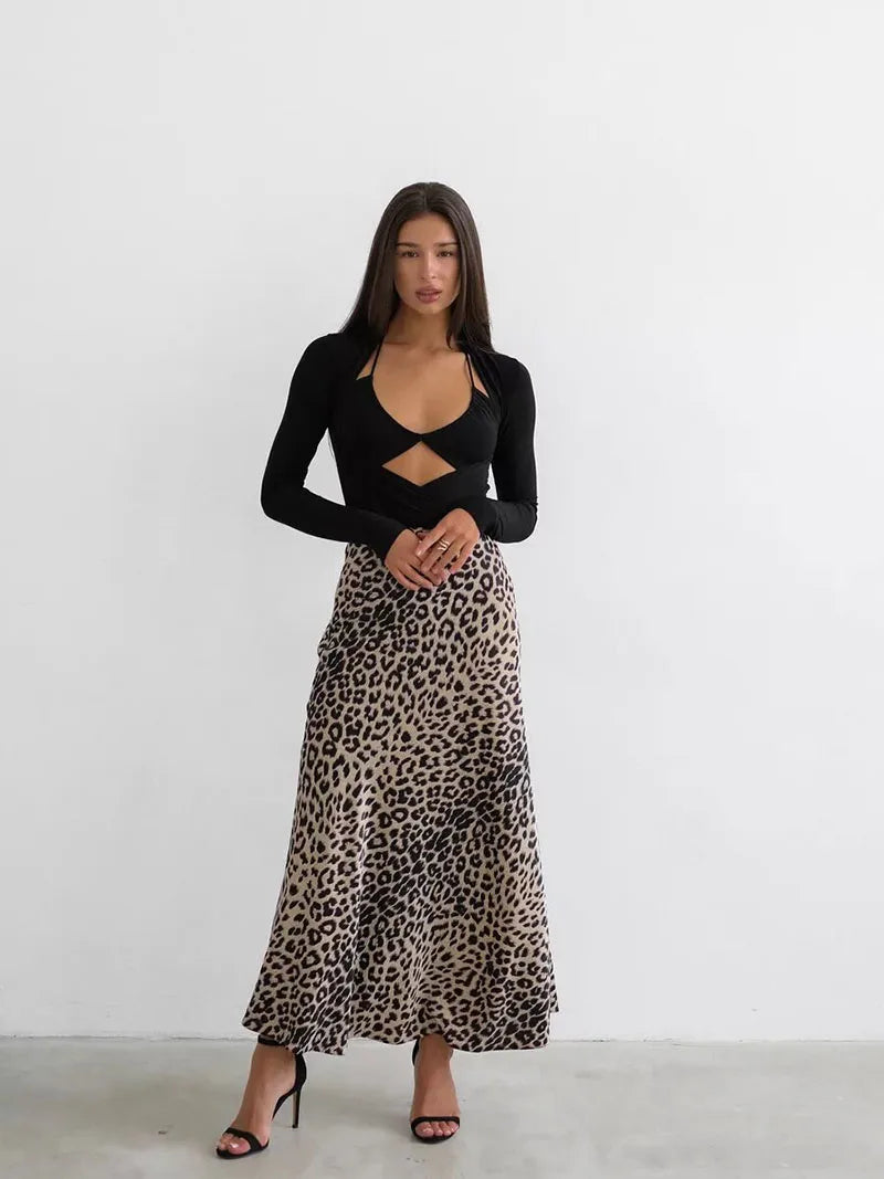 Leopard Print Satin Midi Skirt for Women - Elegant Casual Wear with Flowy Design and Comfortable Fit