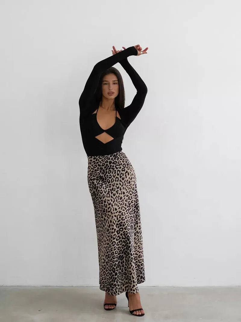 Leopard Print Satin Midi Skirt for Women - Elegant Casual Wear with Flowy Design and Comfortable Fit