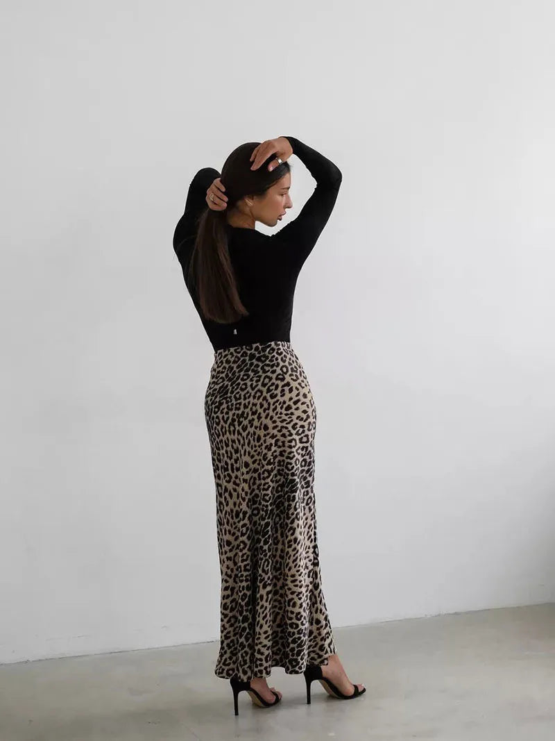 Leopard Print Satin Midi Skirt for Women - Elegant Casual Wear with Flowy Design and Comfortable Fit