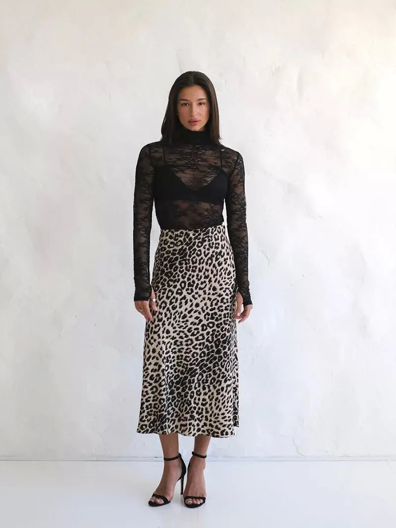 Leopard Print Satin Midi Skirt for Women - Elegant Casual Wear with Flowy Design and Comfortable Fit