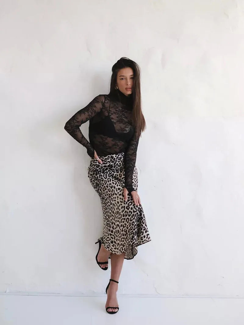 Leopard Print Satin Midi Skirt for Women - Elegant Casual Wear with Flowy Design and Comfortable Fit