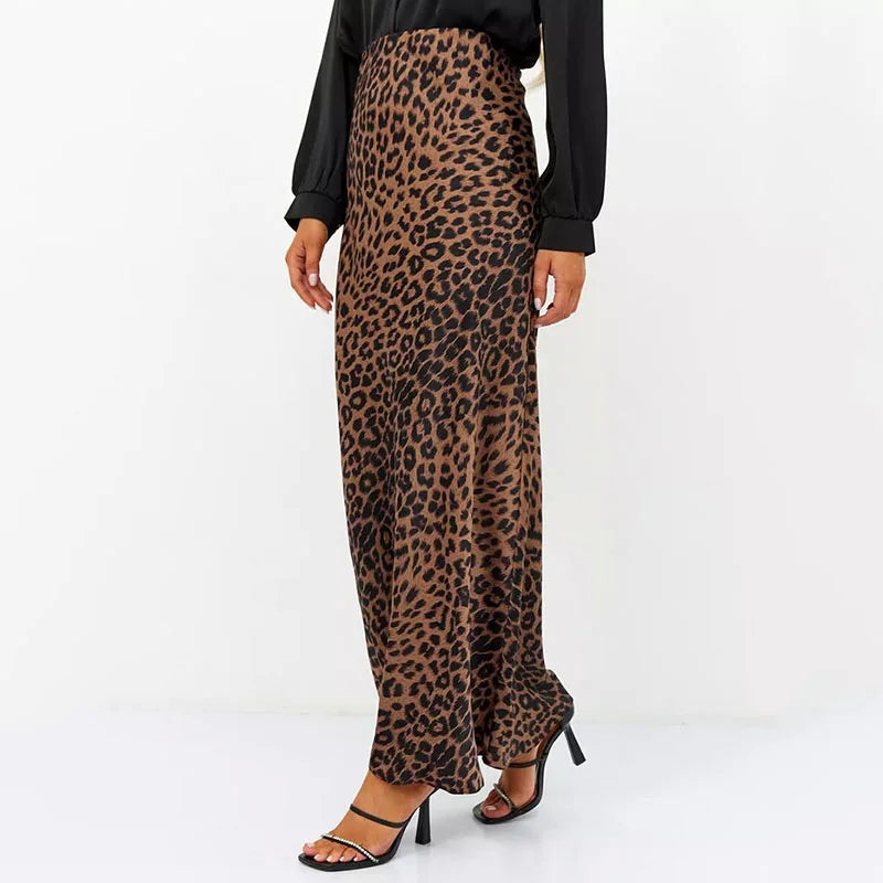 Leopard Print Satin Midi Skirt for Women - Elegant Casual Wear with Flowy Design and Comfortable Fit