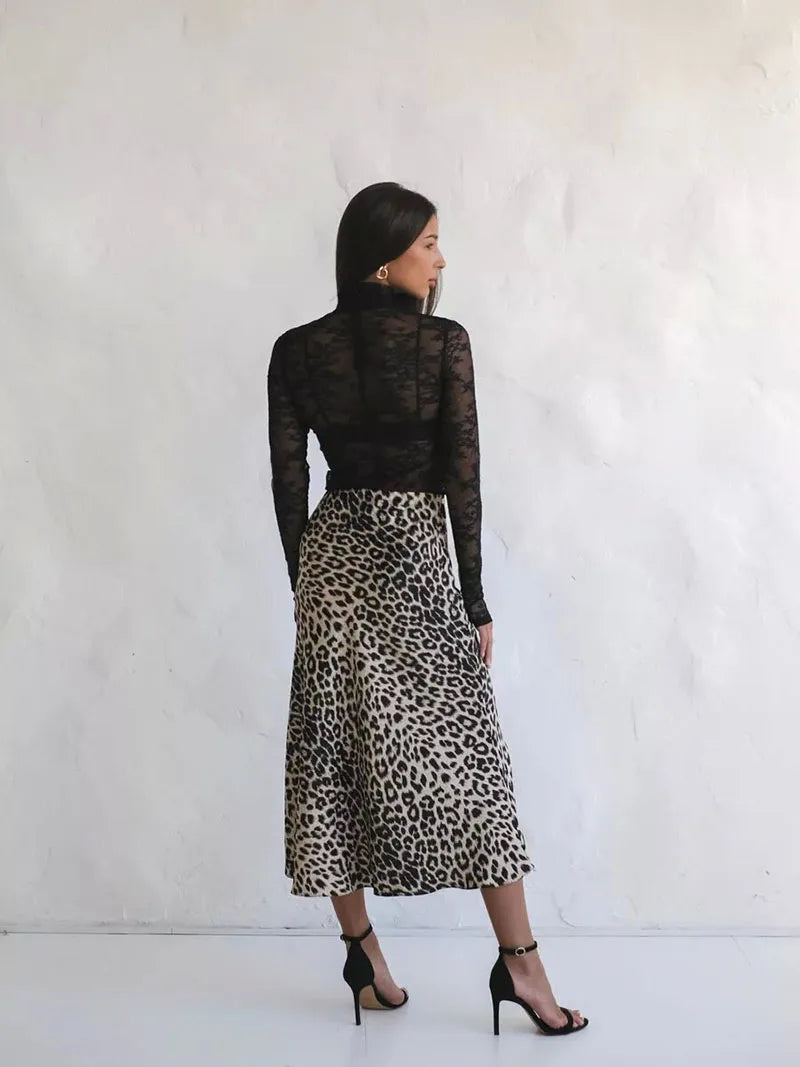 Leopard Print Satin Midi Skirt for Women - Elegant Casual Wear with Flowy Design and Comfortable Fit
