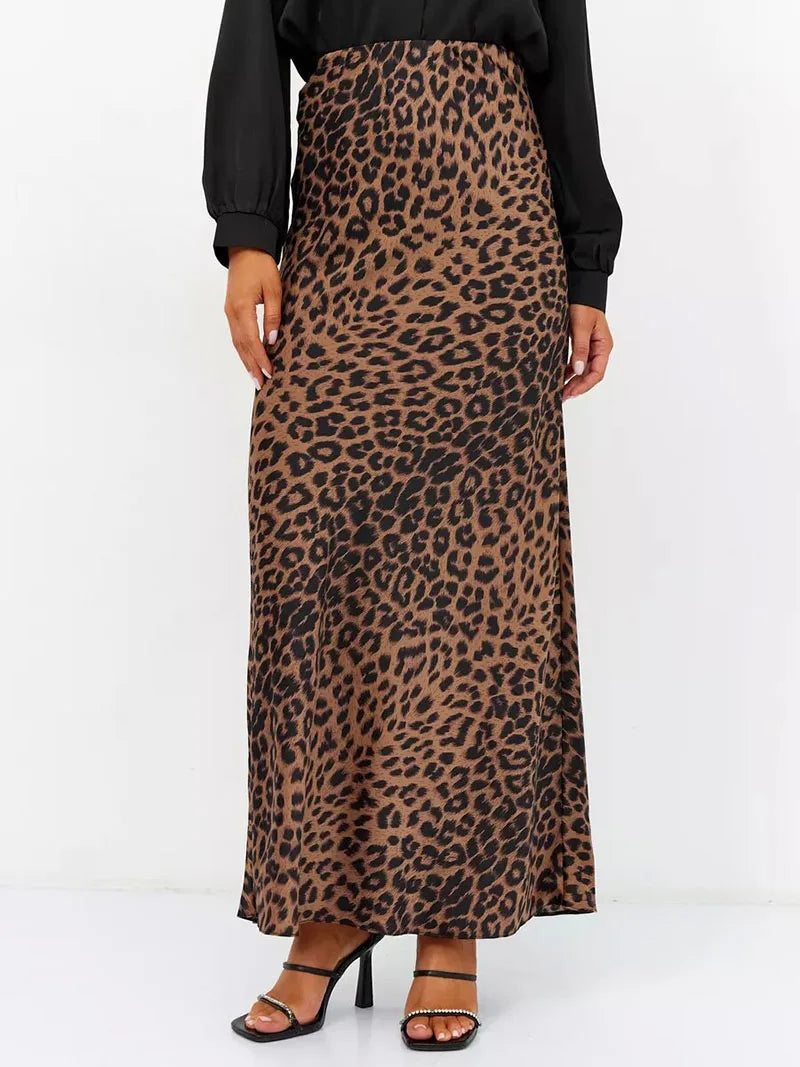 Leopard Print Satin Midi Skirt for Women - Elegant Casual Wear with Flowy Design and Comfortable Fit