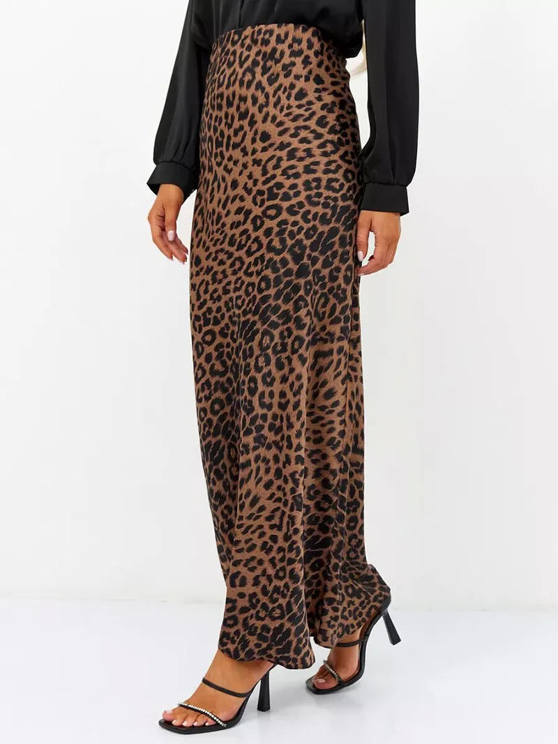 Leopard Print Satin Midi Skirt for Women - Elegant Casual Wear with Flowy Design and Comfortable Fit
